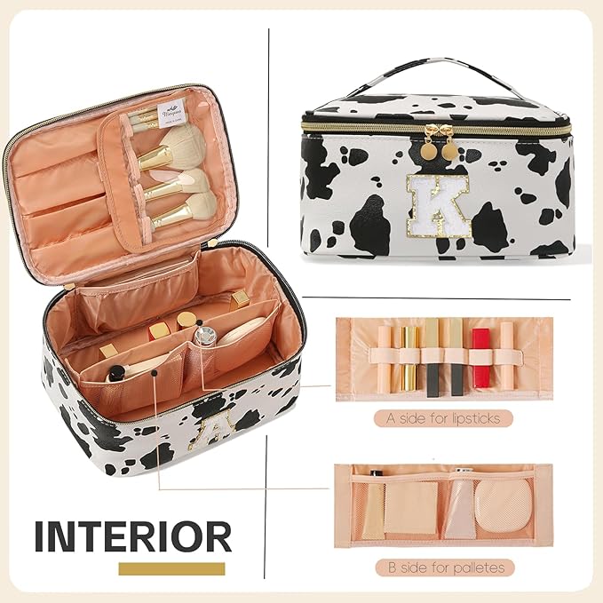 Meiyuuo Birthday Gifts Personalized Makeup Bag Cute Cosmetic Bags Large Travel Pro Pouch Toiletry Bag with Divider and Handle Teens Tweens Gifts Trendy Stuff Cow Print K