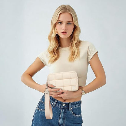 Quilted Cosmetic Bag, Puffer Makeup Bags, Crossbody Purses for women,Cute Travel Toiletry Bag for Women (Beige)