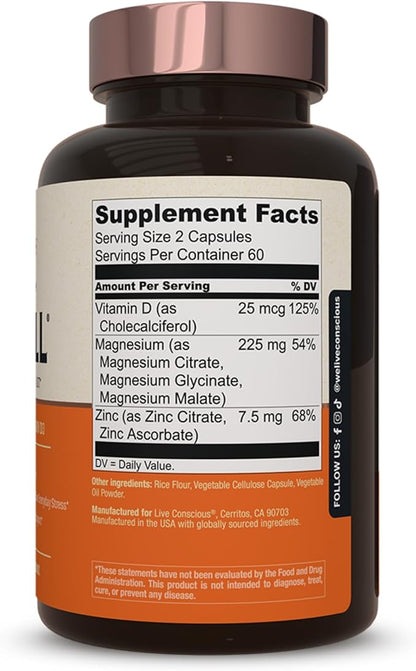 Live Conscious Magnesium Zinc & Vitamin D3 - Bioavailable Forms of Magnesium - Malate, Glycinate, Citrate - MagWell Bone & Heart Health, Immune System Support - 120 Capsules (2-Pack)