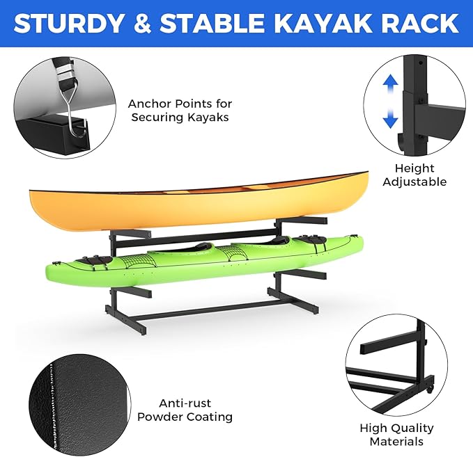 Kayak Storage Rack, Heavy Duty Adjustable Freestanding Kayak Stand with Wheels or Protection Pad for Kayaks, SUPs, Canoe and Paddleboard Kayak Rack for Indoor & Outdoor Use
