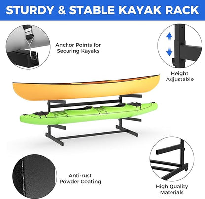 Kayak Storage Rack, Heavy Duty Adjustable Freestanding Kayak Stand with Wheels or Protection Pad for Kayaks, SUPs, Canoe and Paddleboard Kayak Rack for Indoor & Outdoor Use