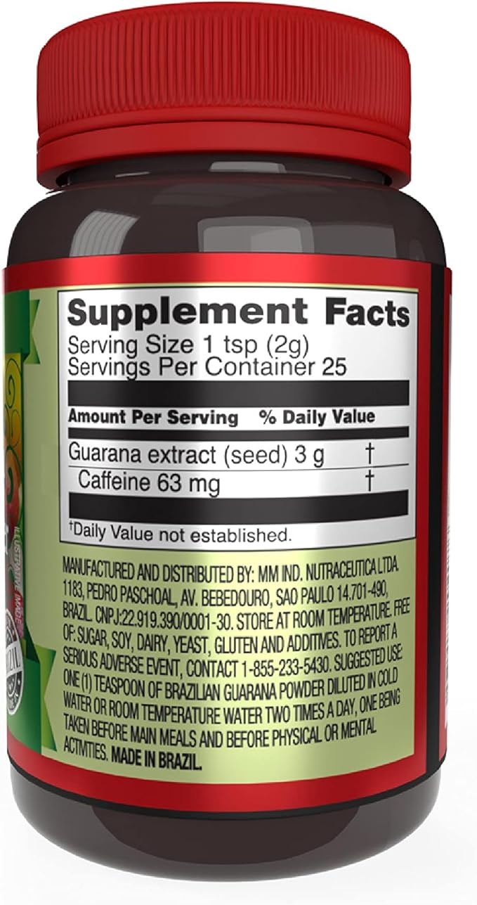 Beelife Brazilian Guarana Powder - Natural Caffeine Supplements from Brazil - Energy & Mental Focus, Muscle Strength Support - Zero Gluten, No Sugar Vegan Pre Workout for Men & Women - 50g