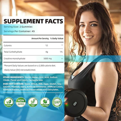 Creatine Monohydrate Gummies 5000mg for Men & Women, Chewables Creatine Monohydrate for Muscle Strength, Muscle Builder, Energy Boost, Pre-Workout Supplement(90 Count)-Blueberry Pineapple.