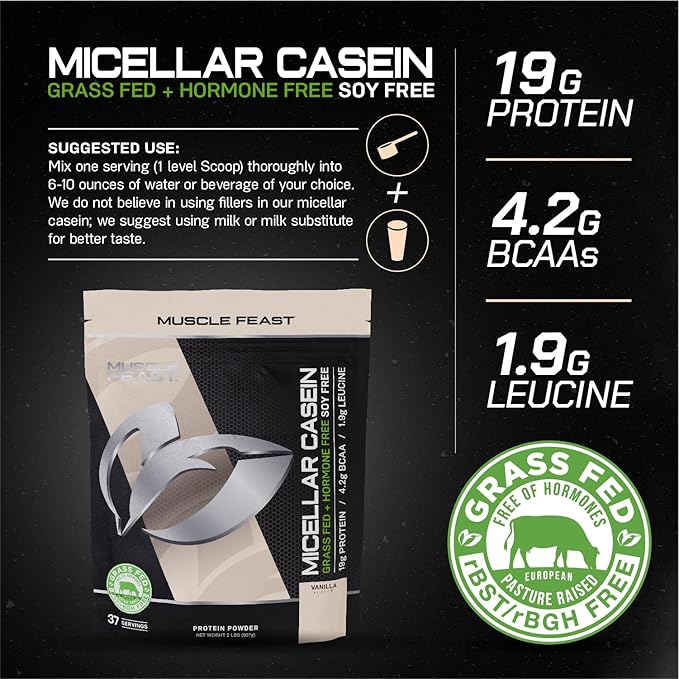 Muscle Feast Micellar Casein Protein, All Natural Pasture Raised Hormone Free Soy Free, Vanilla, 2lb