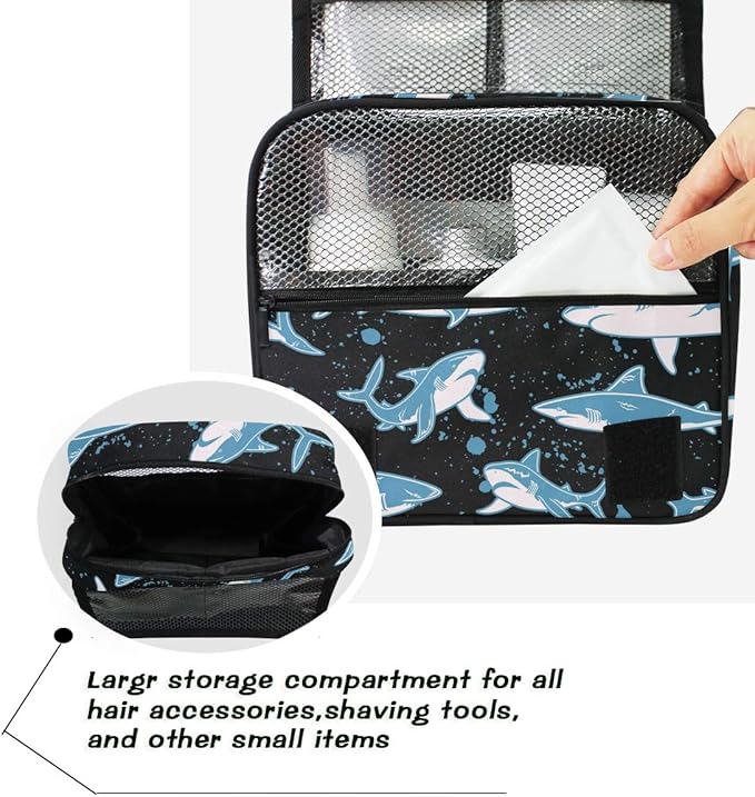 senya Hanging Travel Toiletry Bag Kit Boys Makeup Case Cosmetics Organizer for Men Women (Undersea Shark)