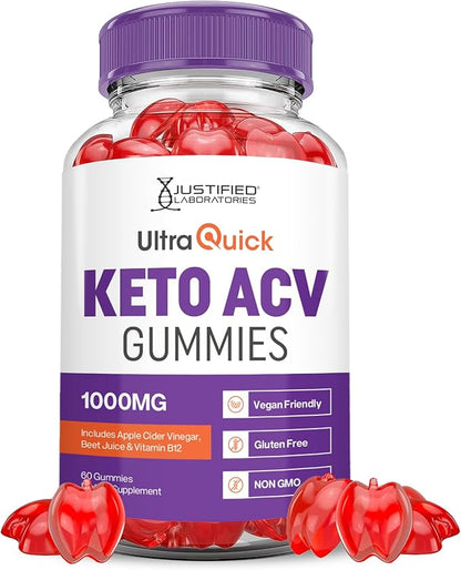 Ultra Quick Keto ACV Gummies Advanced Formula 1000MG Ultraquick Keto Gummies Apple Cider Vinegar Formulated with Pomegranate Beet Juice Powder B12 Vegan Non GMO 60 Gummys
