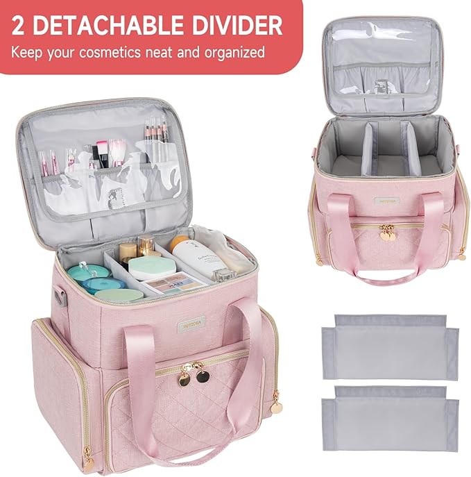 Extra Large Makeup Bag,4 in 1 Cosmetic Storage Organizer Travel Case with Detachable Pouches and Dividers,Pink