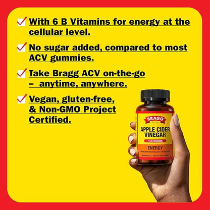 Bragg Energy Apple Cider Vinegar Capsules with B Vitamins - 90 Capsules - Helps Generate Energy at Cellular Level
