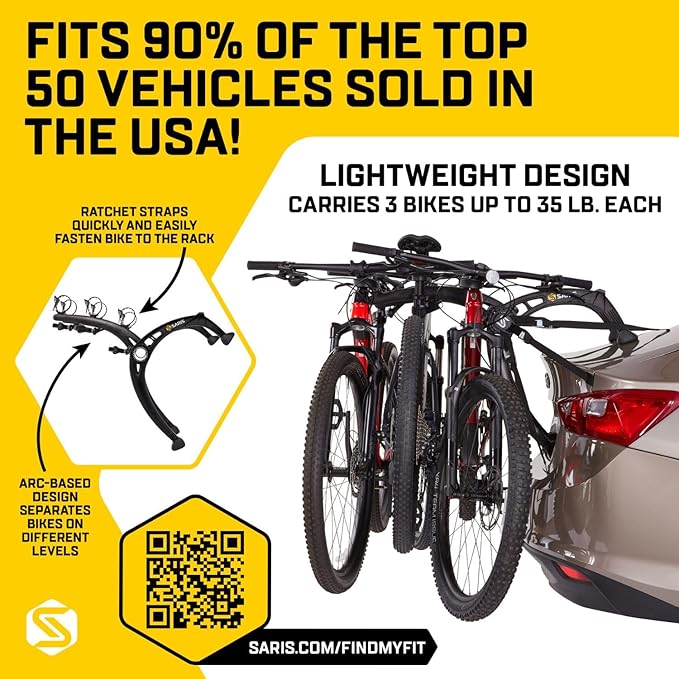 Saris Bones EX 3-Bike Trunk Rack Bicycle Carrier, Durable, Rust-Free, Anti-Sway Straps, Fits Most Vehicles, Made in USA, Arc-Based Design, 100% Recyclable Materials