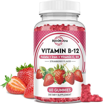 Vitamin B12 Gummies - 5000 mcg Methylcobalamin with Iron, Vitamin C, D3 & Folate, Energy Support and Metabolism, Immune, B-12 Complex Chewable Supplement for Men & Women,Strawberry Flavor