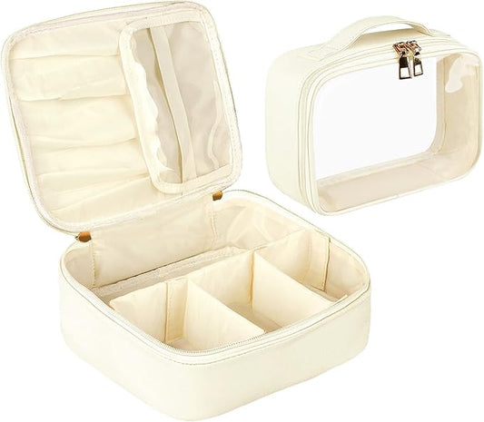 PU Leather Makeup Bag Set - 2 PCS Travel Cosmetic Organizer with Clear Pouch for Women and Girls (White)