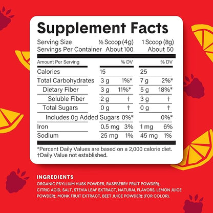 Bellway Super Fiber Powder + Fruit, Sugar Free Organic Psyllium Husk Powder Fiber Supplement for Regularity, Bloating Relief & Gut Health, Non-GMO, Plant-Based, Raspberry Lemon (50 Servings)