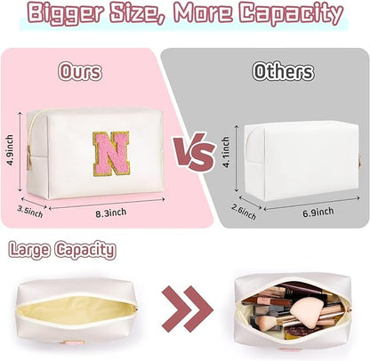 TOPEAST Preppy Makeup Bag, Small Cosmetic Travel Bags for Women, PU Leather Waterproof Toiletry Bag with Zipper, Personalized Birthday Gift for Women Girl, Preppy Gifts for Girl (Pearly White F)