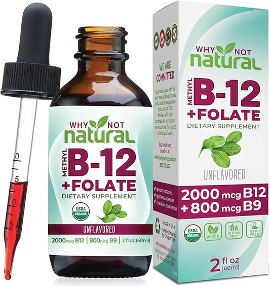 Why Not Natural Vitamin B12 Liquid Plus Folate - Organic Sublingual Extra Strength Vegan Drops - Methyl B12 and Folinic Supplement