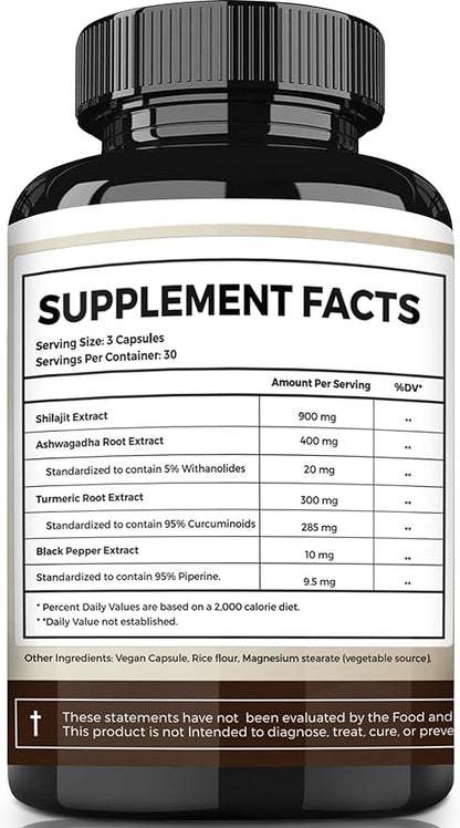 Himalayan Shilajit with Turmeric Curcumin & Ashwagandha - 1610mg High Potency Vegan Capsules, Fulvic Acid, 95% Curcuminoids for Joint Support, Mood Enhancement, Immune Boost, 90 Count