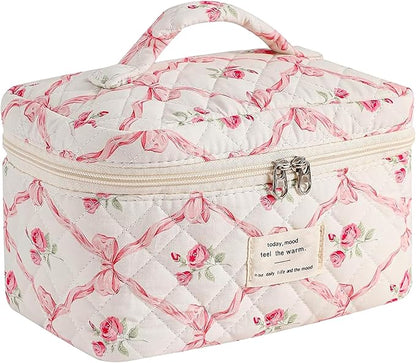 Quilted Makeup Bag,Bow Makeup Bag,Cotton Makeup Bag Set for Women,Travel Makeup Bag,Large Toiletry Cosmetic Bag Makeup Bag Organizer for Women Girls (P2-1PC)