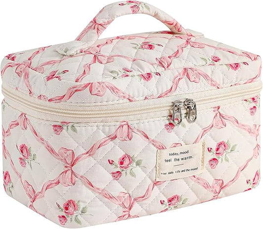 Quilted Makeup Bag,Bow Makeup Bag,Cotton Makeup Bag Set for Women,Travel Makeup Bag,Large Toiletry Cosmetic Bag Makeup Bag Organizer for Women Girls (P2-1PC)