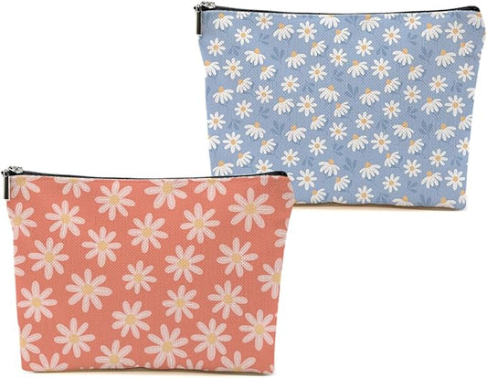 2pcs Daisy Floral Makeup Bag, Travel Essential Cosmetic Bag Garden Flower Gifts for Women Female Girls Sister BFF Nature Lover, Travel Zipper Pouch Christmas Thanksgiving Birthday Gifts