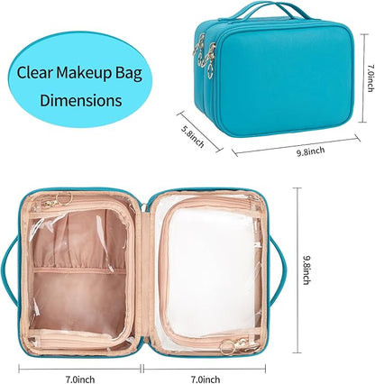 OCHEAL Makeup Bag, Double Layer Cosmetic Bag, Large Capacity New Look Clear Cosmetic Case for Women Travel Beauty Essentials, Multiple Compartments Makeup Case Organizer Zipper Pouch -Blue