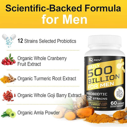 Probiotics for Men, 500 Billion CFU 12 Strains Mens Probiotic with Turmeric Cranberry & Goji, Gut Health for Men, Probiotics for Men Digestive Health, Bloating, Immune & Overall Health, 120-Day Supply