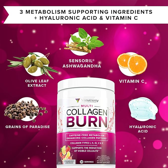 Multi Collagen Burn: Multi-Type Hydrolyzed Collagen Protein Peptides with Hyaluronic Acid, Vitamin C, SOD B Dimpless, Types I, II, III, V and X Collagen, Caffeine-Free (Strawberry Lemonade)