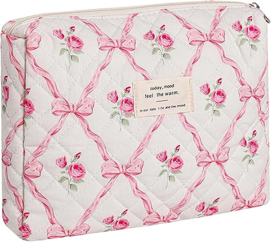 Quilted Makeup Bag,Bow Makeup Bag,Cotton Makeup Bag Set for Women,Travel Makeup Bag,Large Toiletry Cosmetic Bag Makeup Bag Organizer for Women Girls (M5-1PC)