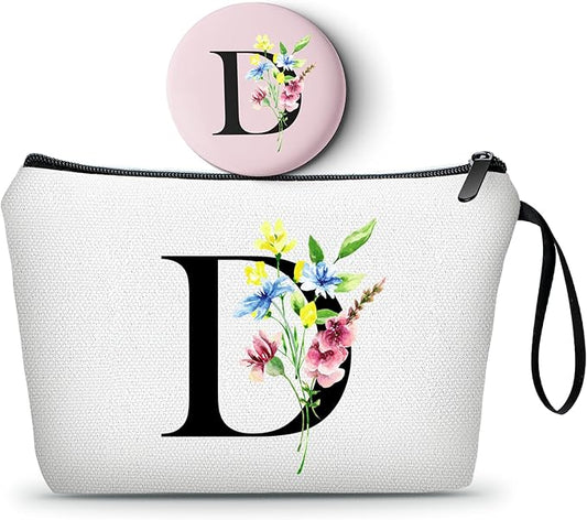 SEAMOON Women Birthday Unique Initial Funny Gifts for Teenage Girl Sister Friends Bridesmaid Personalized Travel Make up Cosmetic Bag with Mirror Valentines Mothers Day Christmas Graduation D