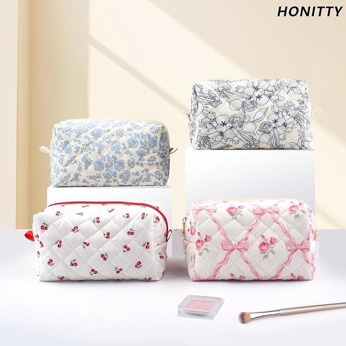 Quilted Makeup Bag,Small Travel Floral Cosmetic Bag Cute Pouch,Cotton Makeup Brushes Storage Bag for Women