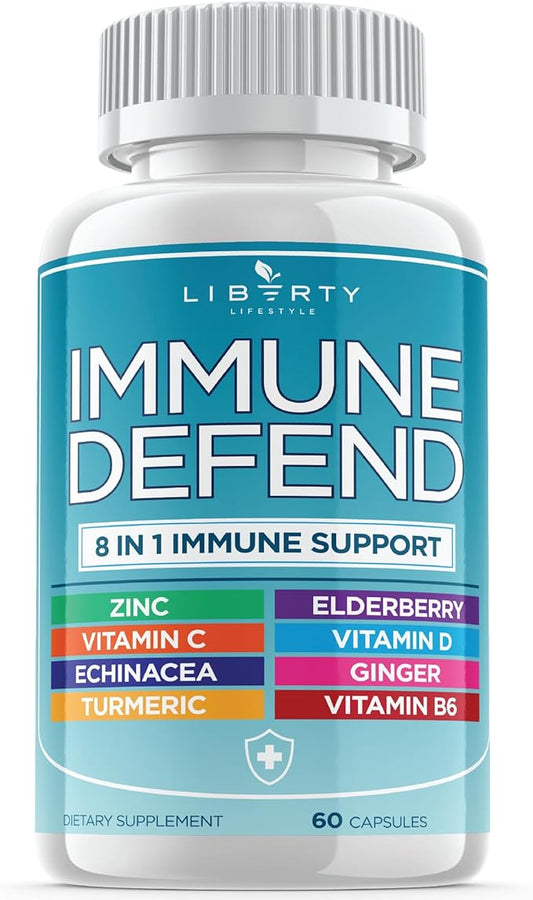 8 in 1 Immune Defense Support, Immunity Capsules Supplement Booster with Echinacea Zinc 50mg, Vitamin C , D3 5000 IU, Turmeric Curcumin & Ginger, Echinacea - Allergy Relief for Kids Adults (1 Pack)