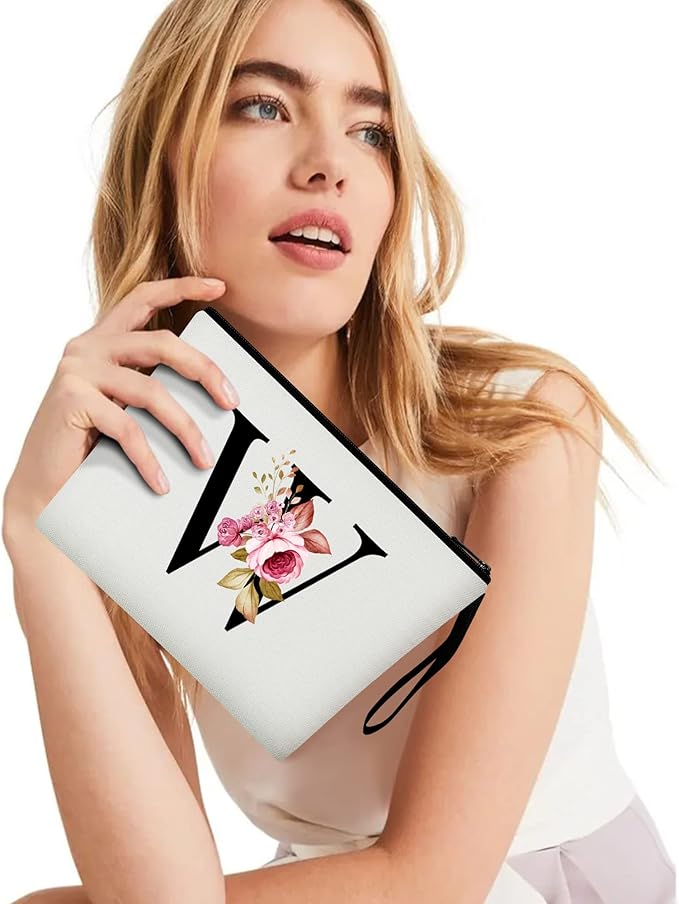 Vavabox A-Z Personalized Makeup Bag, Birthday Gifts for Women Mom, Gifts for Best Friend, Bride Bridesmaid Cosmetic bag (W, White)