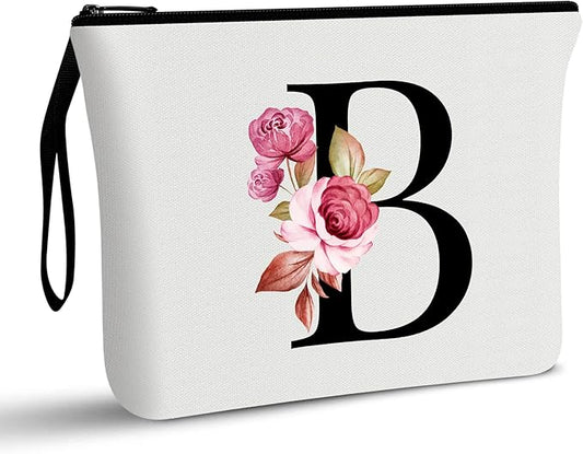 Vavabox A-Z Personalized Makeup Bag, Birthday Gifts for Women Mom, Gifts for Best Friend, Bride Bridesmaid Cosmetic bag (B, White)