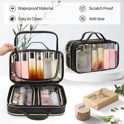OCHEAL Travel Toiletry Bag, Double Layer Clear Makeup Bag Organizer Large Capacity Cosmetic Bag for Traveling Women Beauty Essentials, Multiple Compartments Makeup Case- Black