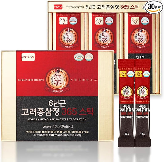6-Year Korean Red Ginseng Extract 365 | 30 Sticks | Vegan | 7mg Ginsenosides per Stick | Energy, Focus, Fatigue, Immune Support | Supplement for Men & Women