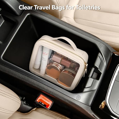 PACKISM Medium Clear Makeup Bag - PU Leather Clear Travel Bags for Toiletries Car Bag for Essentials, with Message Card Cosmetic Bags Makeup Case for Women Gift (Cream Medium)