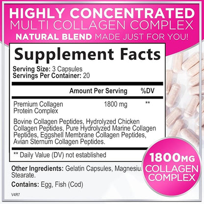 Collagen Peptides Powder Capsules for Women, 1800mg Hydrolyzed Collagen Type I, II, III, V & X, Hair, Nail, Skin, Bone & Joint Support, Collagen for Women & Men, Grass-Fed Collagen - 60 Capsules
