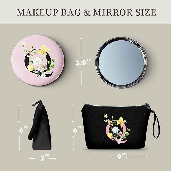 SEAMOON Women Birthday Unique Initial Funny Gifts for Teenage Girl Sister Friends Bridesmaid Personalized Travel Make up Cosmetic Bag with Mirror Valentines Mothers Day Christmas Graduation Q