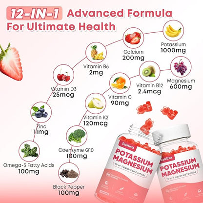 Potassium Magnesium Supplement Gummies for Adults Kids, Magnesium Glycinate Gummies 600mg & Potassium Citrate 1000mg, Plus Multivitamin, Omega-3 & Black Pepper, Leg Cramps, Muscle & Heart Health, 60ct