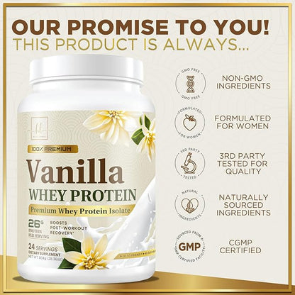 Whey Protein Powder, Creamy Vanilla Whey Isolate with 26g Protein & BCAAs - Support Muscle Growth, Recovery & Fitness - Gluten Free, Fast Absorbing, Easy Digesting for Women & Men - 24 Servings