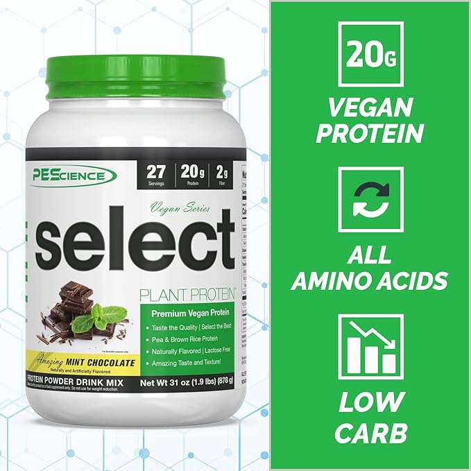 PEScience Select Vegan Plant Based Protein Powder, Mint Chocolate, 27 Serving, Premium Pea and Brown Rice Blend