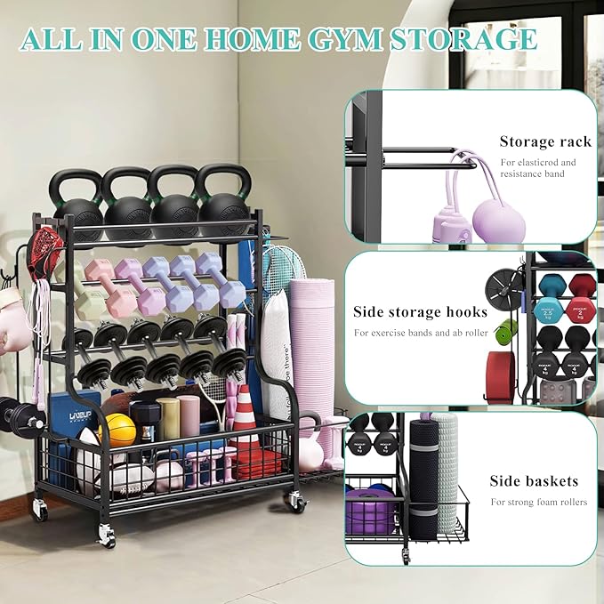 Dumbbell Rack, Weight Rack for Kettlebells, Heavy-Duty Home Gym Storage Rack for Yoga Mat and Workout Equipment, Storage Holder with Wheels, Hooks and Mesh Top