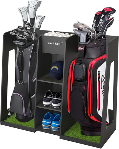 Golf Bag Organizer Storage Rack Stand Holder Fits 2 Extra Large Golf Club Bags and Multiple Golfing Equipment Accessories Great Gifts for Any Skill Level Golfer in Garage Shed Basement Indoor Outdoor