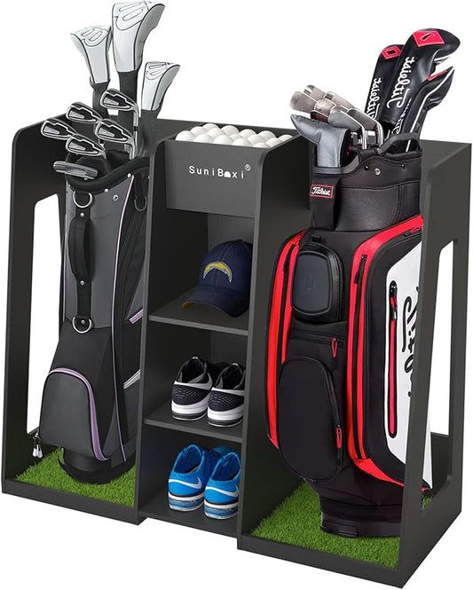 Golf Bag Organizer Storage Rack Stand Holder Fits 2 Extra Large Golf Club Bags and Multiple Golfing Equipment Accessories Great Gifts for Any Skill Level Golfer in Garage Shed Basement Indoor Outdoor