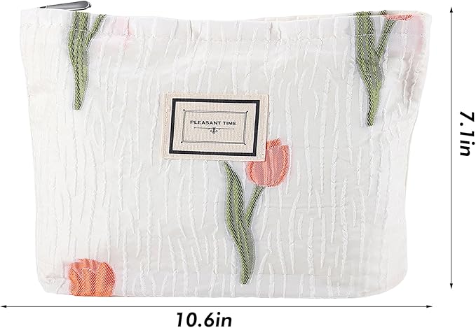 Tulip Makeup Bag Travel Cute Floral Cosmetic Bags for Women Large Embroidery Makeup Pouch Zipper Cosmetic Pouch for Purse Aesthetic Make up Organizer Bag Portable Toiletry Bag