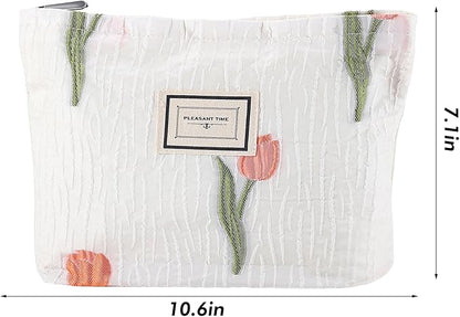 Tulip Makeup Bag Travel Cute Floral Cosmetic Bags for Women Large Embroidery Makeup Pouch Zipper Cosmetic Pouch for Purse Aesthetic Make up Organizer Bag Portable Toiletry Bag