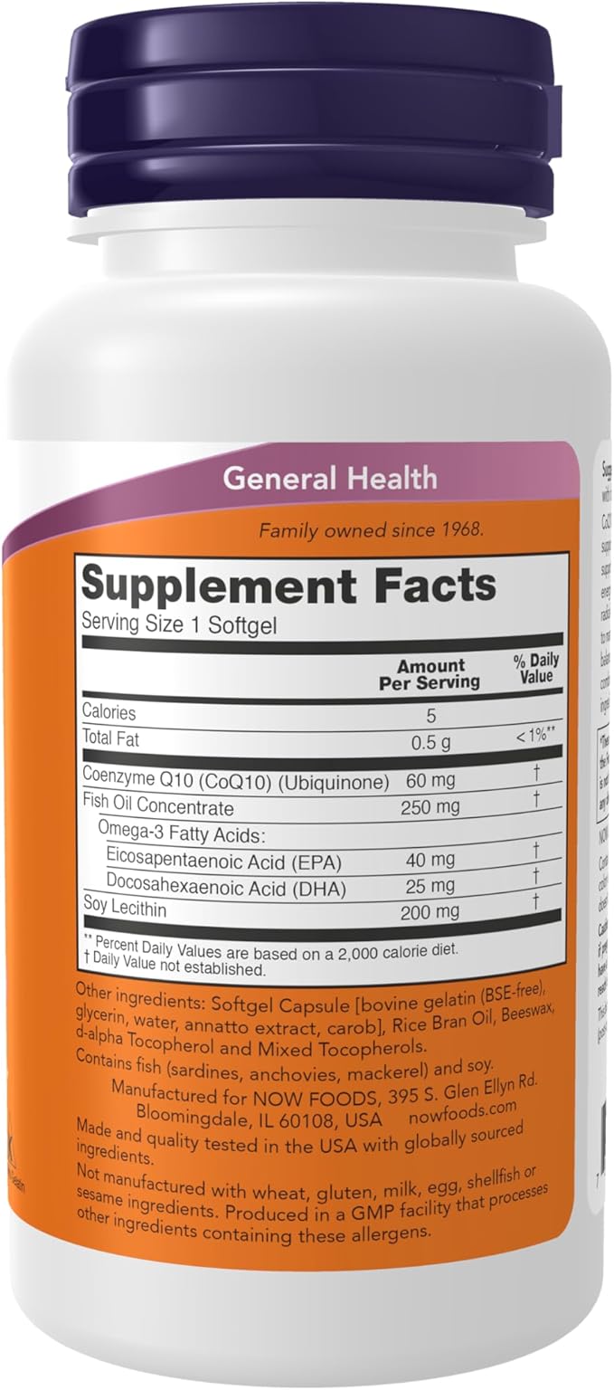 NOW Foods Supplements, CoQ10 60 mg with Omega 3 Fish Oil, Cardiovascular Health*, 60 Softgels