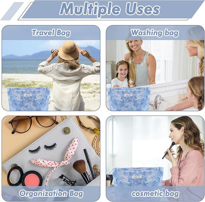 Flower Makeup Bag Travel Large Floral Cosmetic Bags Cute Makeup Pouch for Purse Zipper Embossed Blue Make up Organizer Bag Portable Toiletry Bags for Women Girls Birthday Christmas Gift