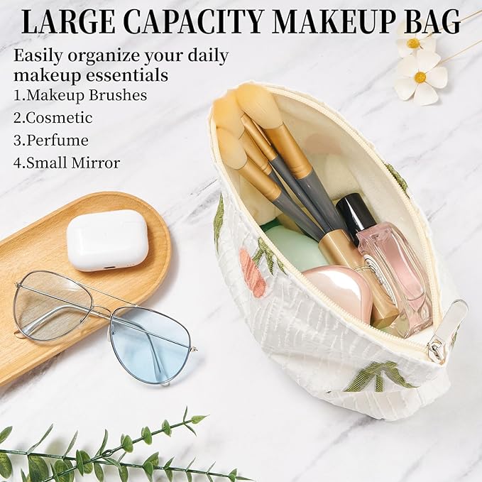 WOZEAH Floral Makeup Bag for Purse Small Cosmetic Pouch,Stylish Zipper Make up Pouch Travel Canvas Toiletry Bags(White Tulips)