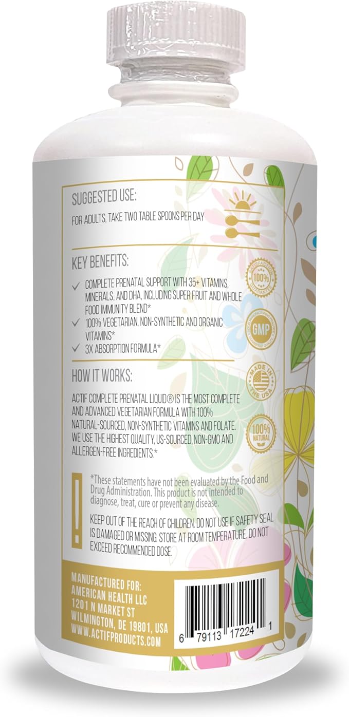 ACTIF Organic Complete Prenatal Liquid with 35+ Vitamins and Organic Herbs, with DHA and Choline, Non-GMO, Made in USA, 32oz