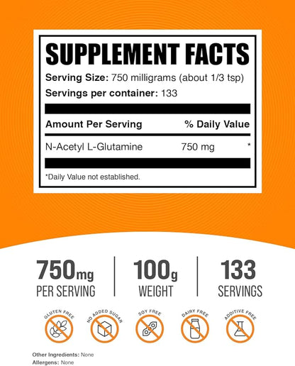 BulkSupplements.com N-Acetyl L-Glutamine Powder - Glutamine Supplement, L Glutamine Powder, Gut Health & Recovery - Gluten Free, 750mg per Serving, 100g (3.5 oz) (Pack of 1)