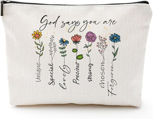 God Says You Are...Christian Gift for Women Inspirational Bible Verse Cosmetic Bags with Zipper Motivational Religious Travel Pouch for Women, Mother, Sister